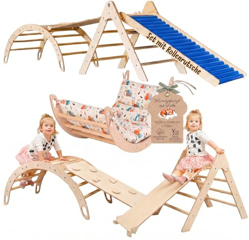 WoodsCraft 4in1 Set: Rollenrutsche, Kletterdreieck, Kletterbogen & Rampe | mit hypoallergen Kissen für Kletterbogen, holz Montessori Klettergerüst indoor, Babyrutsche, Klettern Baby & Kinder