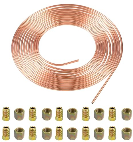 Crozgan Brake Pipe Copper Coated Steel Tubing with 20 Nuts 3/16 x 32.8ft/10m Copper Plated Brake Pipe for Connecting Brake Lines