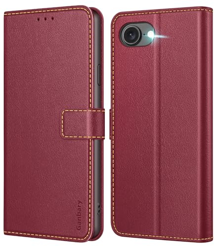 Ganbary Fodral kompatibelt med iPhone 16e/iPhone 17e, Läderfodral med klaff PU [Fullständig skydd] [kortplats] [Stödfunktion], Bordeaux
