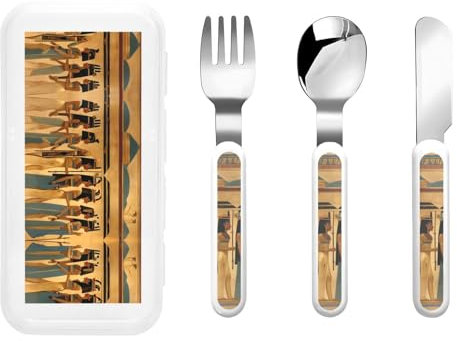 Juego de utensilios de viaje con estuche para mujer en el antiguo Egipto, incluye tenedor, cuchara, cuchillo, cuchara ergonómica para diestros