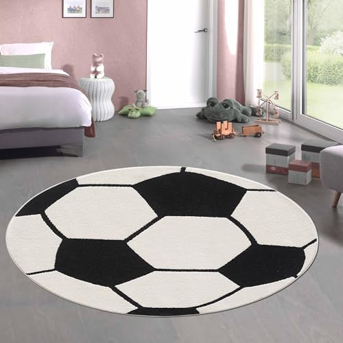 CARPETIA Kinderteppich Rund Fußball Schwarz Weiß 3D-Effekt Ø 140 cm | Weich, pflegeleicht, strapazierfähig und saugrobotergeeignet, OEKO-TEX geprüft, schadstofffrei, für Fußbodenheizung