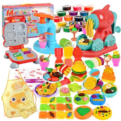 Shinybox Knete Set für Kinder, 72 Stück 3 in 1 Kinderknete mit Knete Eismaschine Burgermaschine Nudelmaschine mit 24 DosenKnete und Knetwerkzeug Zubehör Kinder, Mädchen & Junge ab 3 Jahre