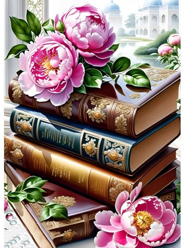 DPHERO DIY Vintage-Bücher Diamant Painting Kits Bilder für Erwachsene Anfänger,5D Pfingstrosen Diamond Painting Set,DIY Runde Steine Bücher Diamant Kunst Kits,Diamond Art für Zuhause Dekor 30x40 cm