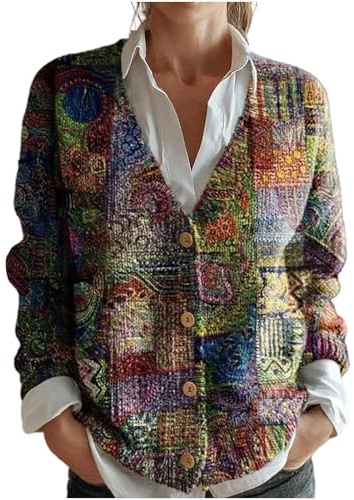 Gilets Femme Automne Hiver Chic Col V Veste Imprimé Manches Longues Tricoté Cardigan Élégant Lâché Bouton Pull Outwear Casual Manteau Sweater Vintage Norvégien Haut Top