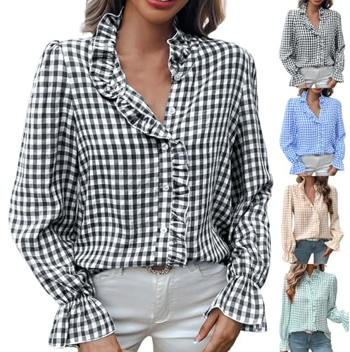 Rutig blus damer, långärmad skjorta damer, rutig bomull, långärmad skjorta med puffärmar, blusskjorta, ruffle volangblus, lösa blusar, termo-t-shirt, elegant t-shirt, modern blusskjorta, lätt, Beige