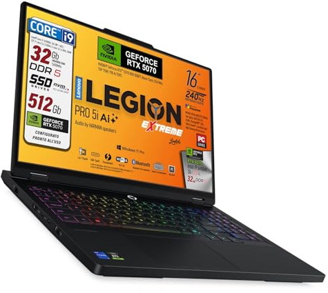 Lenovo Legion Pro 5i, Notebook Gaming, Intel Core i9-14900HX, RAM DDR5 32Gb, SSD 512Gb, Display HDR 16 WQXGA DCI-P3 100% 240Hz, Nvidia Geforce RTX 5070,Tastiera RGB QWERTY, Ready to Use