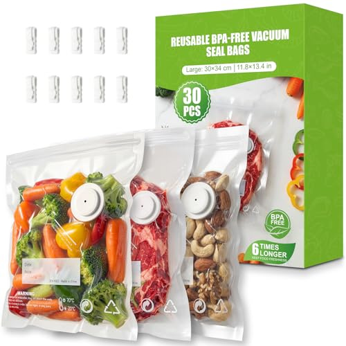 Babacom 30 Pcs Sac Sous Vide Alimentaire Réutilisable avec Valve d’Air & 10 Pinces – Grand (30 x 34 cm), Sachet Congelation Sans BPA, pour Conservation des Aliments, Micro-ondes, Cuisson Sous Vide
