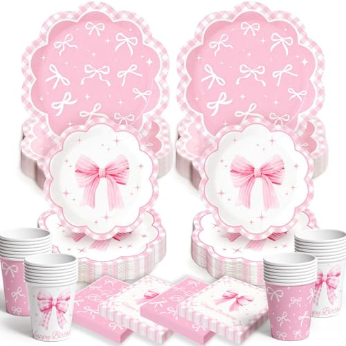 Cleboen 80Pcs Rosa Geburtstag Partygeschirr Pink Geburtstag Geschirr Party Deko Pappteller Rosa Teller Becher Servietten für Babyparty Mädchen Pink Dekoration