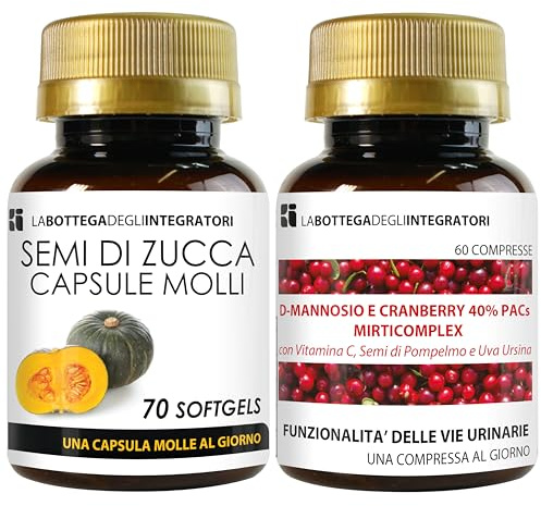 Semi di Zucca 70 Softgels e D Mannosio Cranberry 40% Mirticomplex 60 Compresse | Vie Urinarie Antiossidante Drenante | Una al Giorno