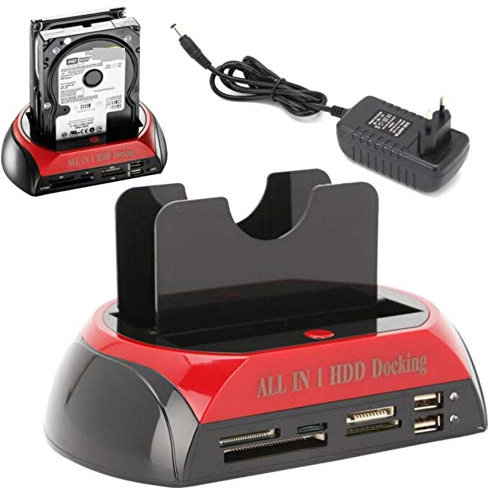 KesCom® ITC22106 E-SATA - Estación de acoplamiento para discos duros (USB 2.0, IDE PATA y S-ATA de 6,35 cm (2,5) y 8,9 cm (3,5) (incluye lector de tarjetas), cable USB y adaptador de corriente