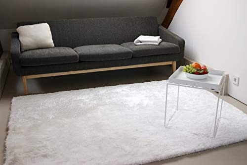 floor factory Exklusiver Hochflor Shaggy Teppich Satin weiß 80x150 cm - edler, seidig glänzender Teppich