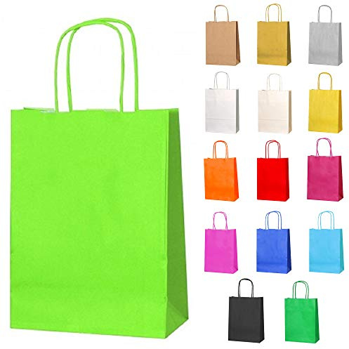 Thepaperbagstore 30 Hellgrüne Kleine Papiertüten mit Henkel 18 x 22 x 8 cm | Farbige, recycelbare Kraftpapiertüten für Süßigkeiten, Geschenke, Hochzeiten, Partys & Events.