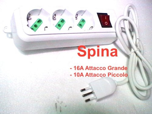 prOdigitaL Ciabatta MULTIPRESA ELETTRICA 3 Prese (Utilizzabili BIPASSO & SCHUKO) con Interruttore Spina a Scelta fra Attacco Grosso 16A o Piccolo 10A