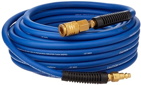 Estwing E1450PVCR 50' PVC/Rubber Hybrid Air Hose with Brass NPT Industrial Fitting and Universal Quick Connect Coupler, Blue and Yellow, 1/4 x 50’