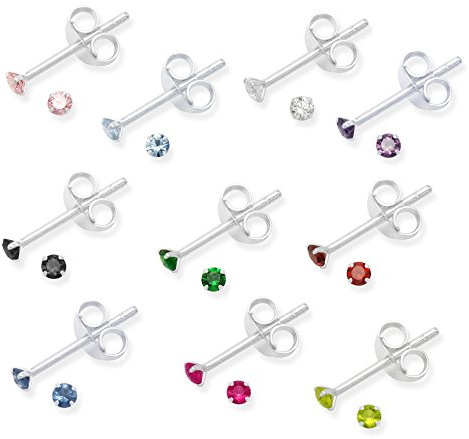 Set 10 PAIRS Genuine Sterling Silver Cubic Zirconia stud Earrings - Colours as shown in photos - SIZE: TINY 2mm - PLEASE SEE PHOTO IN EAR FOR SIZE - Gift Boxed. Teeny weeny Tiny 2mm studs.