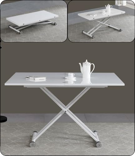 VOLERO' Wandelbarer platzsparender Tisch; höhenverstellbarer ;Modell Ulisse Medium, Lift-Tisch ;Verstellbarer wohnzimmertish (weiß lackiert mit weißen Beinen)