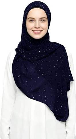 Lina & Lily Sparkle Shimmer Gold Glitter Women's Chiffon Hijab Head Scarf Lightweight (Navy Blue)