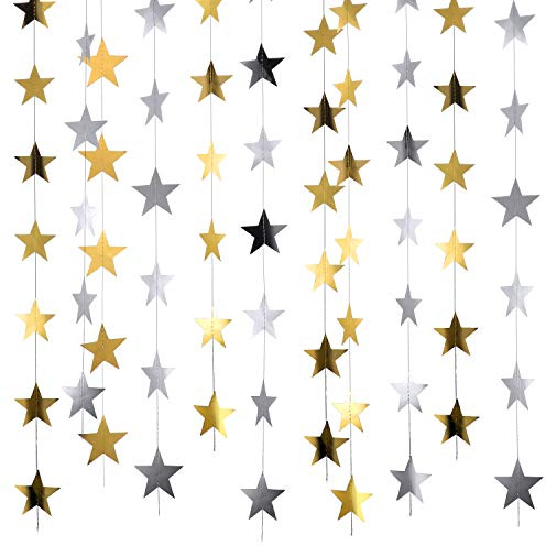 Patelai 130 Feet Glitter Star Garland Banner 2026 Party Decoration Double Side Star Hanging String Streamer Paper Twinkle for Graduation Wedding Birthday (Gold and Silver)