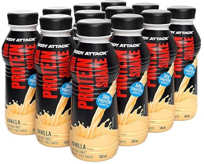 Body Attack Low Carb Protein Shake, Milch-Eiweiß, Fertigdrink in 500ml Flasche, Vanilla (12 x 500ml) …