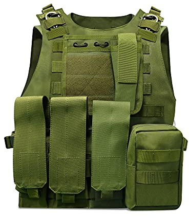 HYCOPROT Chaleco táctico, Chaleco Airsoft Militar Ajustable Ligero Transpirable Oxford 1000D Chaleco de Caza Airsoft para Airsoft Especial Entrenamiento de Paintball al Aire Libre (Verde)