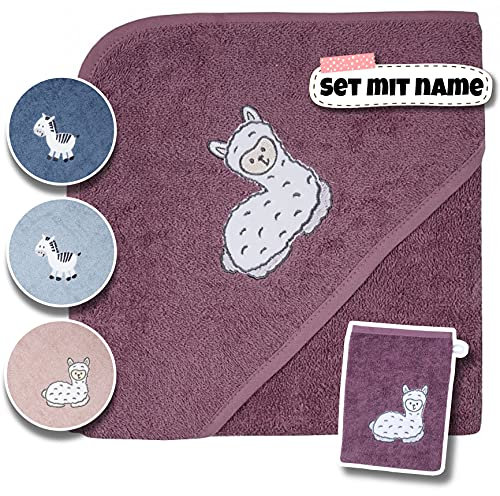 Stickling Baby Kapuzenhandtuch Set mit Waschlappen | Baby Badetuch 80x80 Bestickt mit Namen | Baby Handtuch Kapuzenbadetuch | personalisiert mit Name | Jungen Mädchen (Lila Lama)