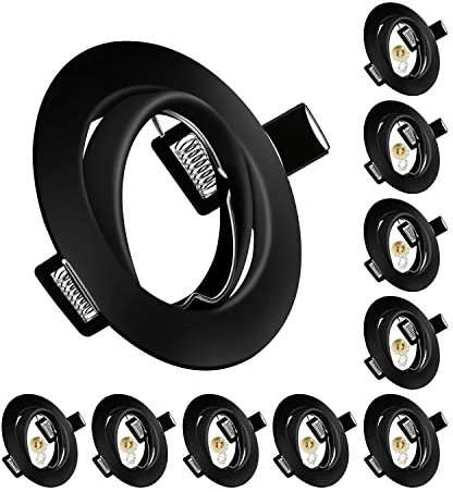 10x Modern GU10 Downlights for Ceiling, Round Matt Black Metal Frame for Recessed Ceiling Lights, Tilt Swivel Spotlight - External Dimensions: 90mm, Cut-Out Hole Size:68-80 mm