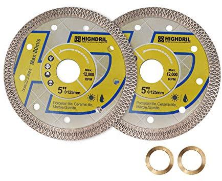 HIGHDRIL - Lama diamantata super sottile, 2 pezzi 125mm,con pergolato da 7/8-5/8,lama per piastrelle diamantate asciutte o bagnate,con bordo a rete a X,per tagliare porcellana,ceramica,granito,marmo