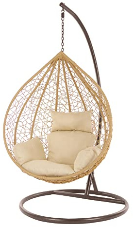 KIDEO Komplettset: großer Hängesessel mit Gestell & Kissen, XXL Korbsessel, Poly-Rattan, (Korb: beige & Gestell: braun, Kissen: Hellbraun Nest (7007_capucchino))