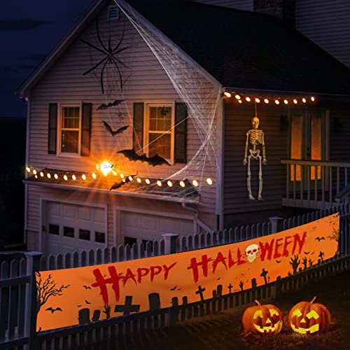 LAPONO Bannière Halloween Happy Grande 300x50 cm Decorations Tissu Banner avec Scary Horreur Chauve Souris Pierre Tombale CrâNe Main Noire Halloween Supplies pour Wall Porch Patio Jardin Apartment