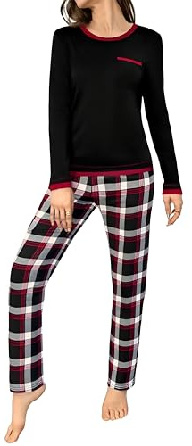 Marvmys Ensemble De Pyjama Femme Coton Hiver Vêtements De Nuit Long Manches Longues Col Rond Pyjamas Imprimé en Coeur Pantalon à Plaids S-XXL