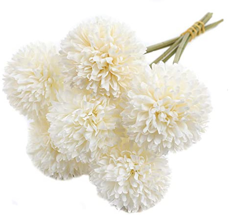 Künstliche Hortensie Blumen,6 Stück Künstliche Blumen Seide Pompon Chrysantheme Kugel Blumen Braut Hochzeitsstrauß für Zuhause Garten Party Hochzeit Deko Tischdekoration,Blumenarrangements,Weiss