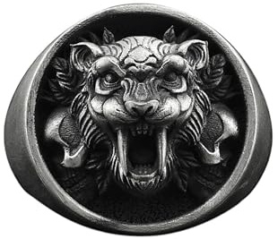 BySilverStone - Handgefertigter Säbelzahntiger-Siegelring Aus Sterlingsilber Für Männer, Siegelring Mit Wildkatzentieren, Ring Mit Gravur Eines Asiatischen Tigers, Geschenkschmuck Für Männer M