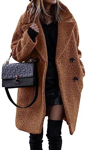 BTFBM Women Winter Faux Fur Coats 2026 Lapel Long Sleeve Fuzzy Fleece Outerwear Button Down Sherpa Jackets Fall Outfits(Golden Camel, Large)
