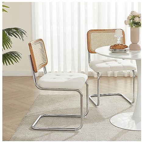 Rattan Esszimmerstuhl 2er-Set, Samt-Küchenstühle mit Rückenlehne aus Rohrgeflecht und Metallrahmen, armloser Beistellstuhl für den Innenbereich für Küche, Wohnzimmer, Schlafzimmer, Gästezimmer