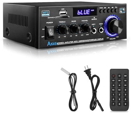 KKMOL Amplificatore HiFi Stereo AK45 - Bluetooth 5.0, Telecomando, 12 V/220 V 400W 2 Canali Amplificatore Audio, Radio FM Portatile, Scheda SD Card/USB, per la casa o per l'auto