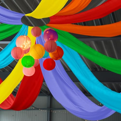 SmoothNovelty 6 Pcs Rainbow Wedding Chiffon Ceiling Drapes 2.5 x 10 ft Colorful Long Ceiling Draping Fabric Arch Sheer Ceiling Curtain for Christmas Party Ceremony Stage Events Home Indoor Decorations