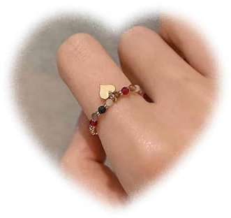 Boho Liebesherz Kristallperlen Stretch Ring - Edelstein Perlen elastischer Fingerring Regenbogen Perlen handgefertigter Stapelring Schmuck für Frauen (Stil B)