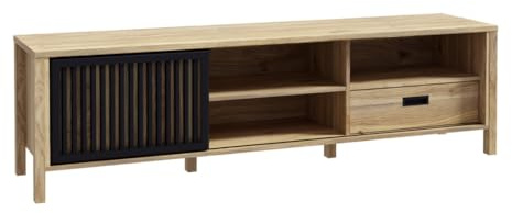 Forte JYTANA TV-Schrank 170 180, skandinavisches Low-Board mit Stauraumfach und Schublade, Mauvella Eiche Holzdekor/Schwarz, 174,8 cm breit x 49,9 cm hoch x 40,2 cm tief