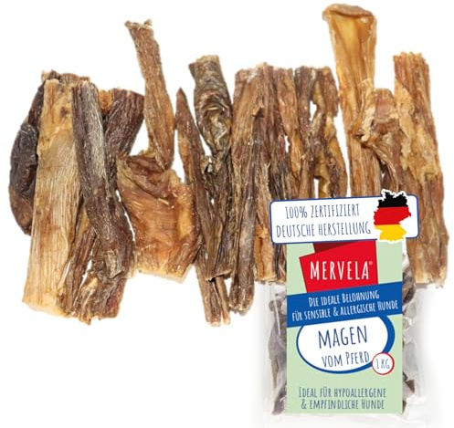 MERVELA Stomaco di cavallo, 100% cavallo puro, 1.000 g, stomaco essiccato dal cavallo, qualità dalla Germania, ideale per cani ipoallergenici, allergici e sensibili