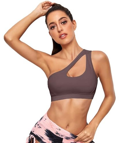 Vertvie Damen One Shoulder Sport BH Sexy Bügellos Workout Bra Gepolstert Tank BH Push Up Bequem Yoga Bralette Fitness Training Mittlere Unterstützung (Braun, S)