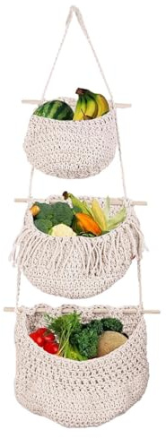 Chaies Cesta de frutas colgante de 3 niveles, cesta colgante hecha a mano, cuerda de algodón de ratán, cestas de pared trenzadas, almacenamiento y verduras, frutero de , decoración trenzada