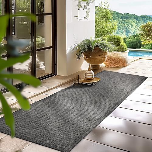HomebyHome In- & Outdoor Teppich Wetterfest 60 x 100 cm Läufer Schwarz - Flur Waschbar, Wasserfest, Pflegeleicht und Flachgewebe - Ideal für Balkon, Garten, Terrasse und als Küchenläufer
