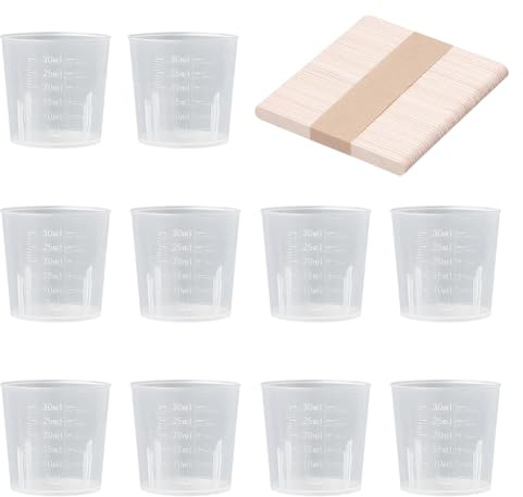 FSSTUD 100 Pcs 30ml Plastic Measuring Cups Small Clear Graduated Cups Transparent Scale Cups Mixing Paint Cup Small Stirring Beakers with 50 Pcs Wooden Stirring Sticks for Resin Stain