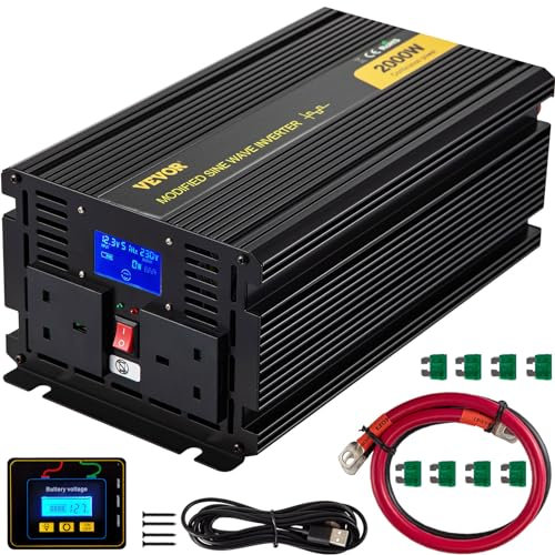 VEVOR Inversor de Corriente Coche de 12V DC a 240V AC Inversor de Onda Sinusoidal Modificada 2000W Onda Modificada Convertidor con Pantalla LCD Transformador Enchufe UK para Coche, Caravana, Camping