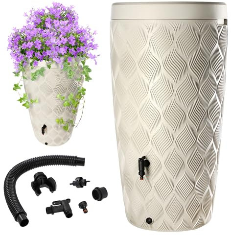 KADAX Regentonne mit im Deckel integrierter Pflanzschale 240 L, Regenfass aus Kunststoff, Regenwasserbehälter mit Wasserhahn, Frostsicher Regentank (Creme)