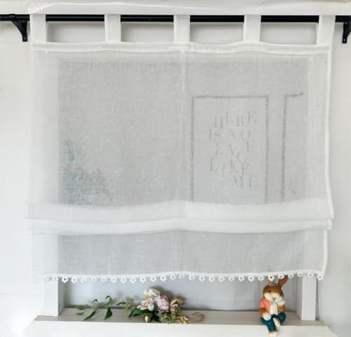 Vordesack Leinenoptik Raffrollo mit Blumen-Kante Unifarbige Raffgardine mit Schlaufen Landhausstil Wohnzimmer halbtransparent Gardinenschal Küche 1 Stück Weiß HxB 140x90cm