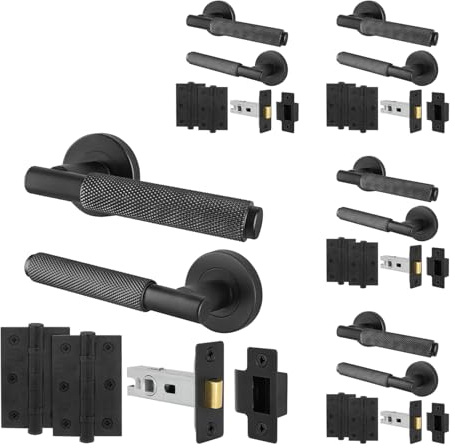 EAI Matt Black Door Handles with Latches and Hinges, 5 Pack - Dolton | Complete Latch Kit with 5 Pairs of Knurled Round Rose Door Handles, 64mm Latches, 76mm Hinges, Fixings Included