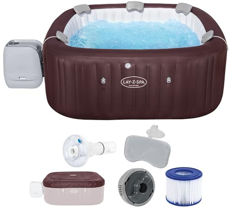 Bestway LAY-Z-SPA Energiespar-Whirlpool Maldives HydroJet Pro, 201 x 201 x 80 cm, 7 Personen, Heizung, Frostwächter, 8 HydroJet-Düsen, 180 AirJet-Düsen, App-Steuerung, Thermo-Abdeckung, Mahagoni, LEDs