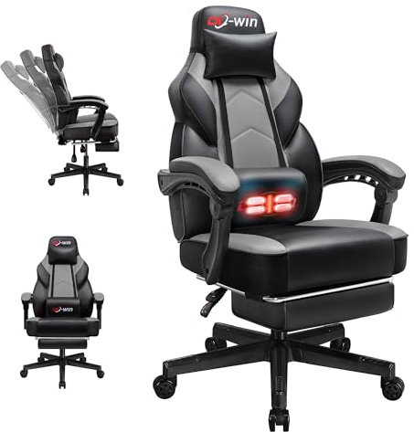 DL-win Gaming Chairs for Adults, Computer Chair with Footrest and High Back, Big and Tall Gamer Chair's with Massage Lumbar Support, 360° Swivel Height Adjustable Gaming Chair, Grey