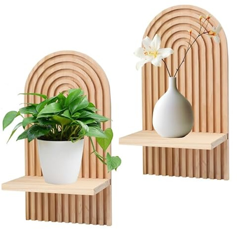 mumisuto 2 Stück Wandregal Holz,Boho Regenbogen Gewölbt Wandregale Schweberegal,Wandhalterung Hängeregale Wanddeko Regal für Wohnzimmer Badezimmer Schlafzimmer Büro Kinderzimmer (Holzfarbe)